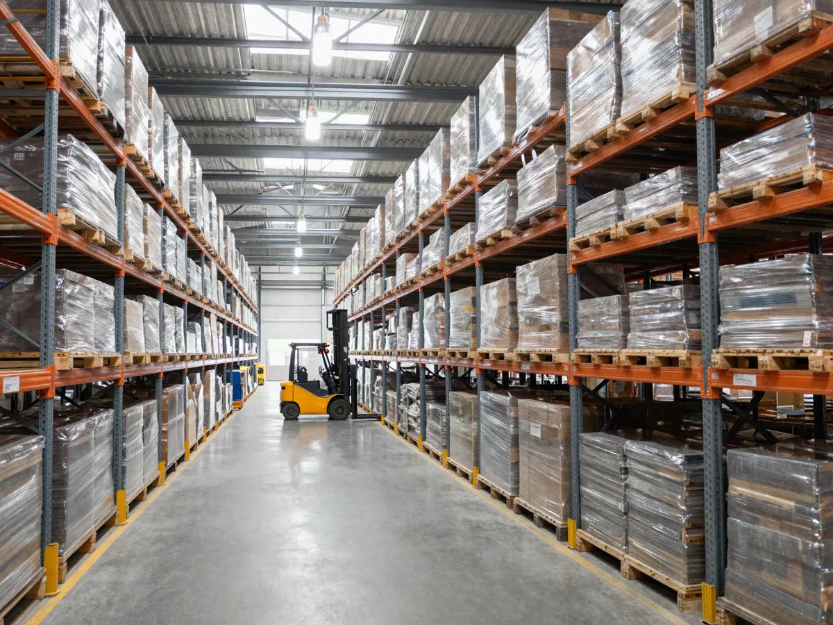Interior de bodega logística con cerchas metálicas de gran luz y racks de almacenamiento