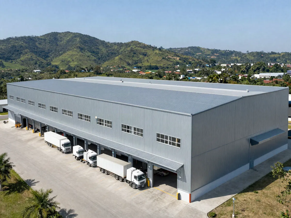 Nave industrial en estructura metálica con muelles de cargue, construida en Colombia