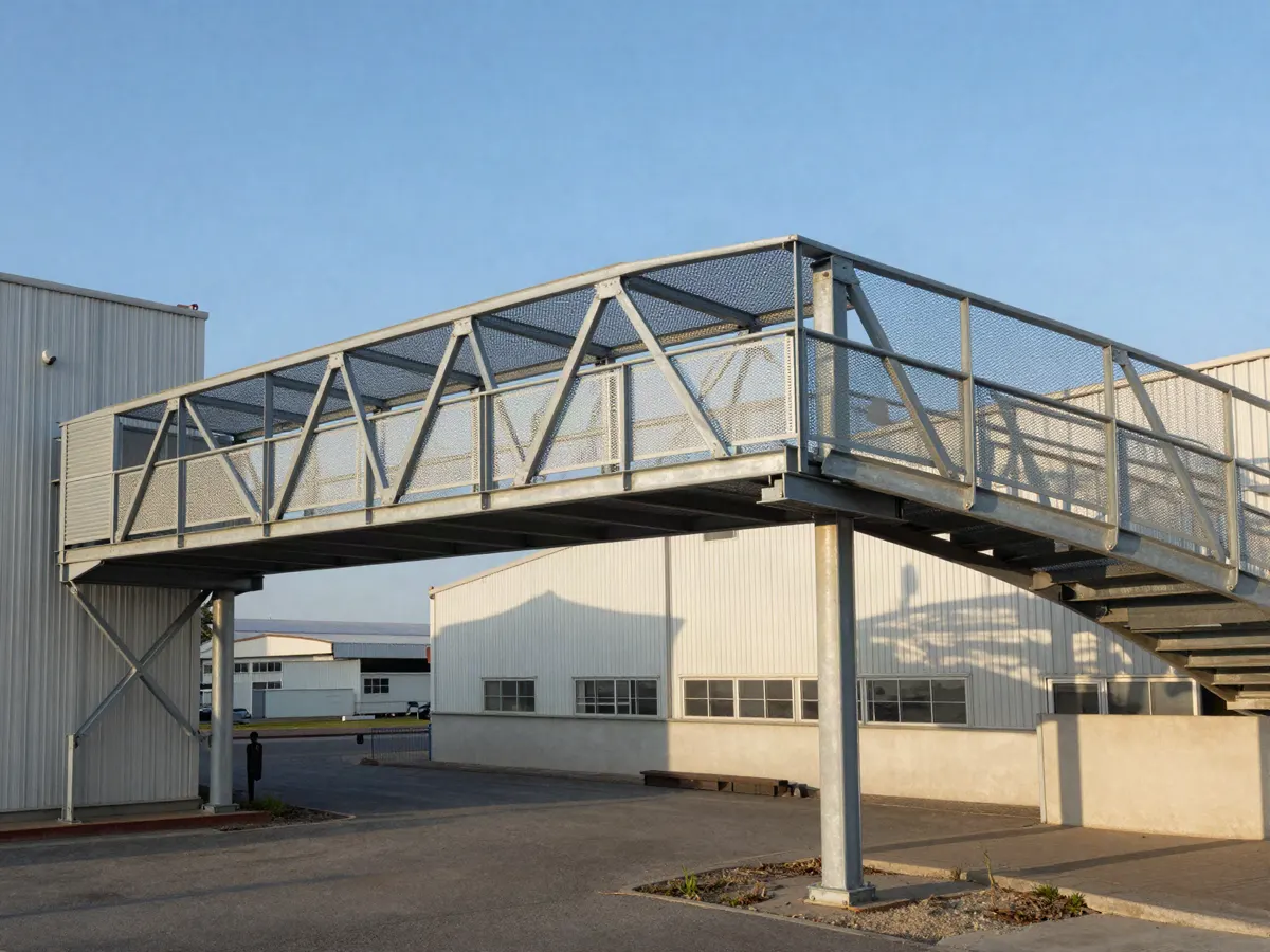 Pasarela peatonal metálica elevada que conecta dos naves industriales