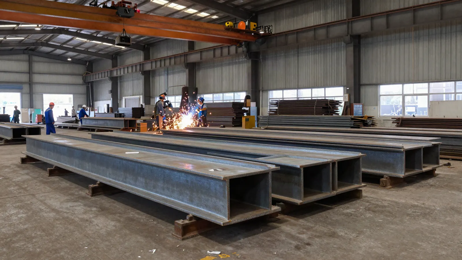 Taller propio de fabricación de estructura metálica con vigas armadas y puente grúa